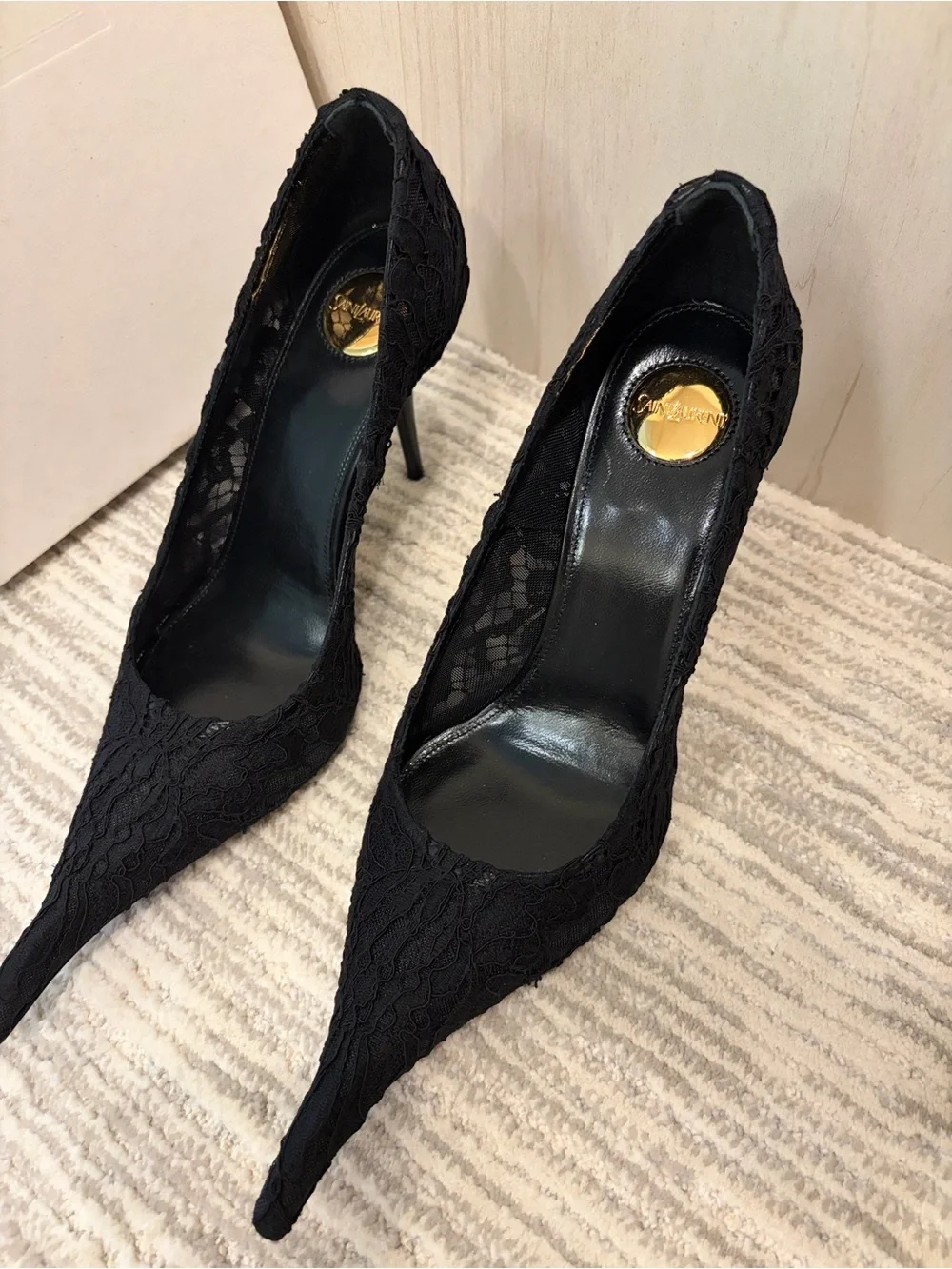 Yves Saint Laurent Black Lace Pointed Stiletto Pumps